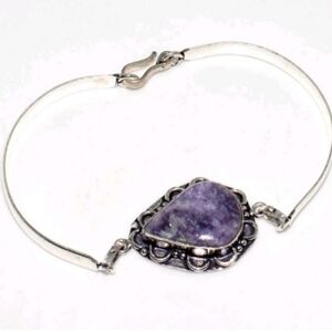 Lepidolite Gemstone 925 Sterling Silver Handmade Free Size Bangle Bracelet